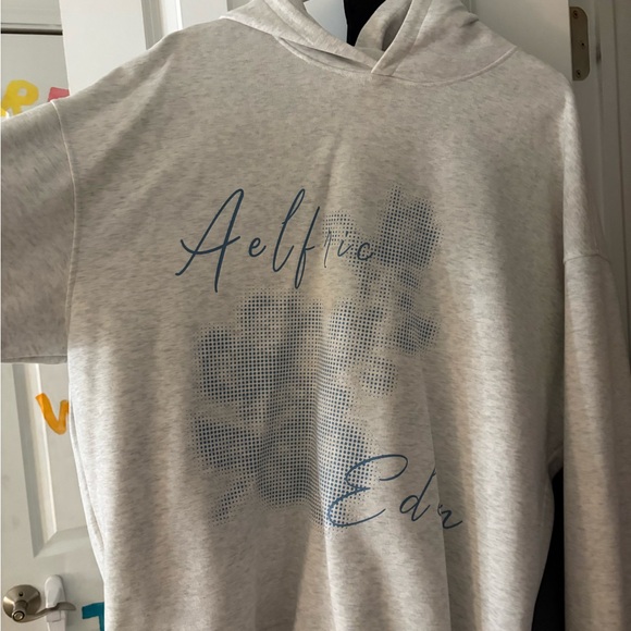 Aelfric Eden Tops - Aelfric Eden Light Gray Hoodie with Blue Design